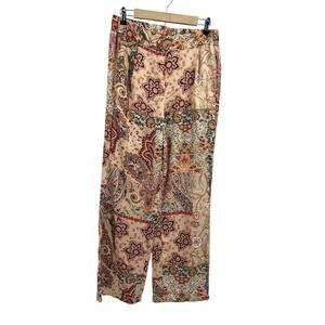 Rachel Zoe Mixed Pattern Satin Pink Rust Wide Leg Pullon Pants L Resort Vacation